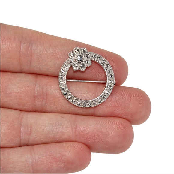 Vintage Sterling Silver Circle Flower Brooch Pin Rhodium Plated Marcasite Style - Picture 3 of 4